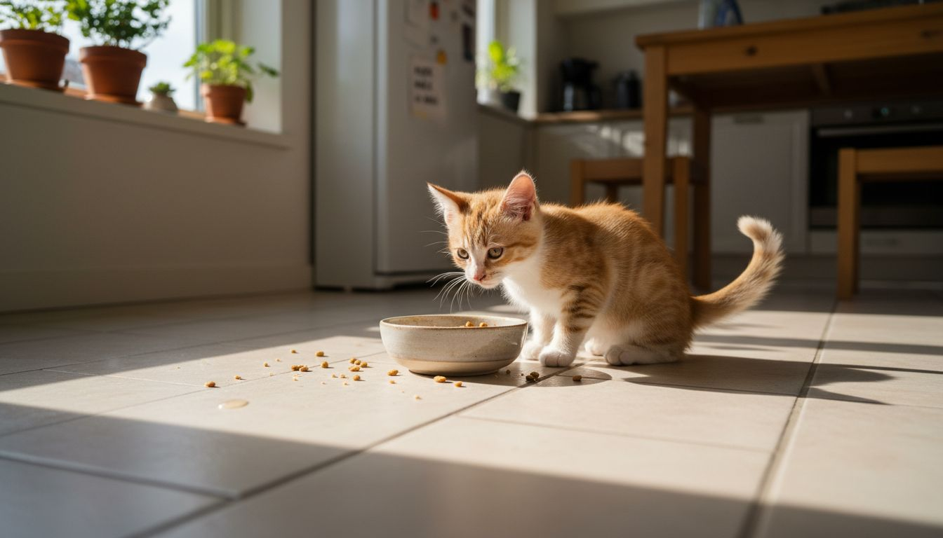 Katten står og spiser af sin madskål ude i køkkenet.