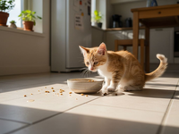 Katten står og spiser af sin madskål ude i køkkenet.