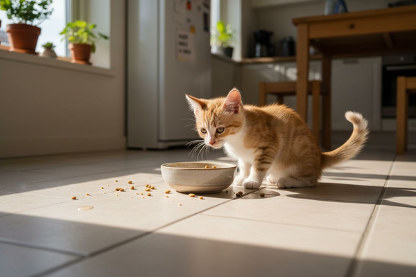 Katten står og spiser af sin madskål ude i køkkenet.