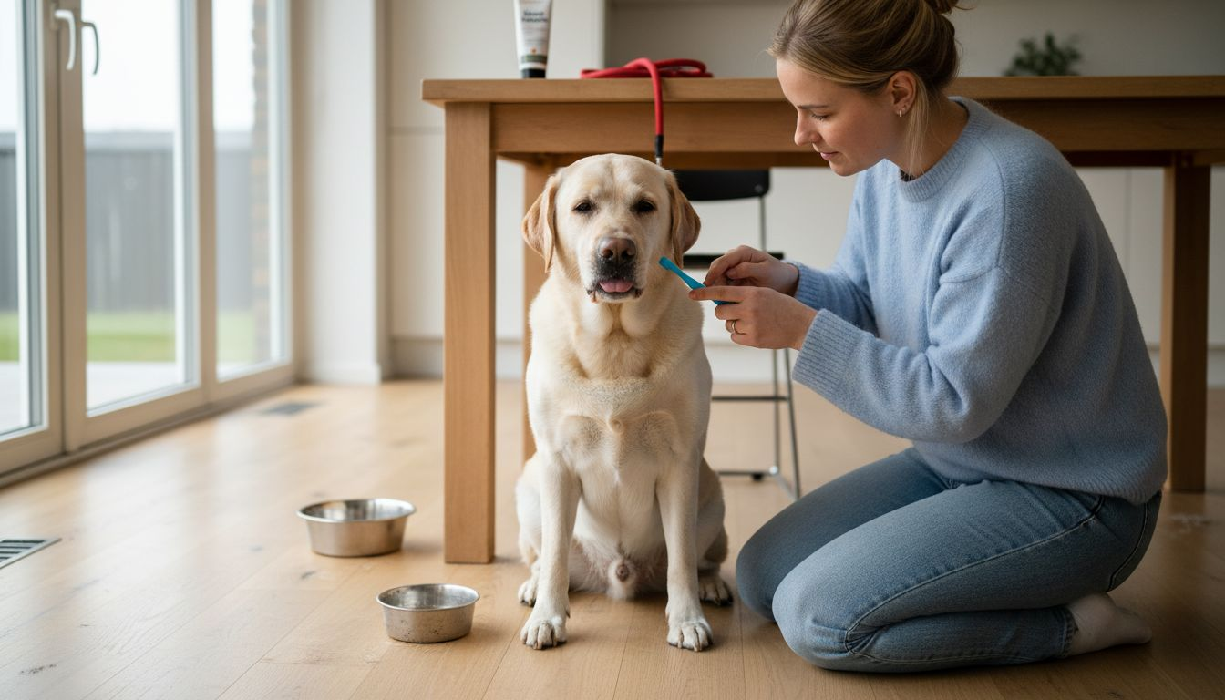 Ejeren står ude i køkkenet og børster sin hunds tænder.