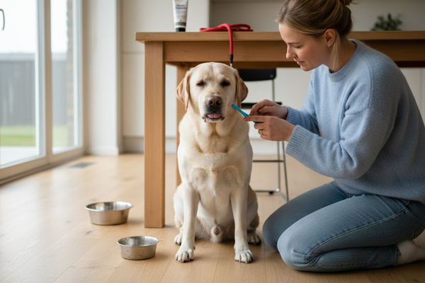 Ejeren står ude i køkkenet og børster sin hunds tænder.