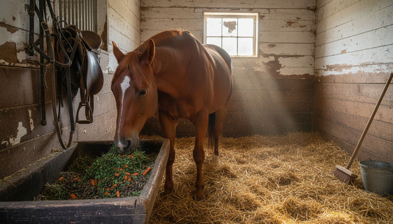 En hest står og spiser foder i en solbeskinnet boks.