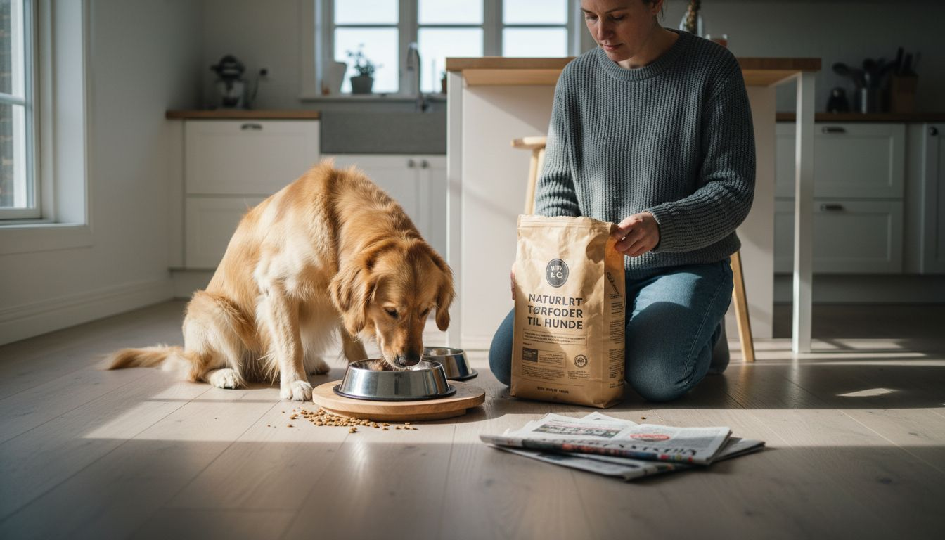Hunden nyder sit kornfri foder i køkkenet.