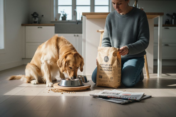 Hunden nyder sit kornfri foder i køkkenet.