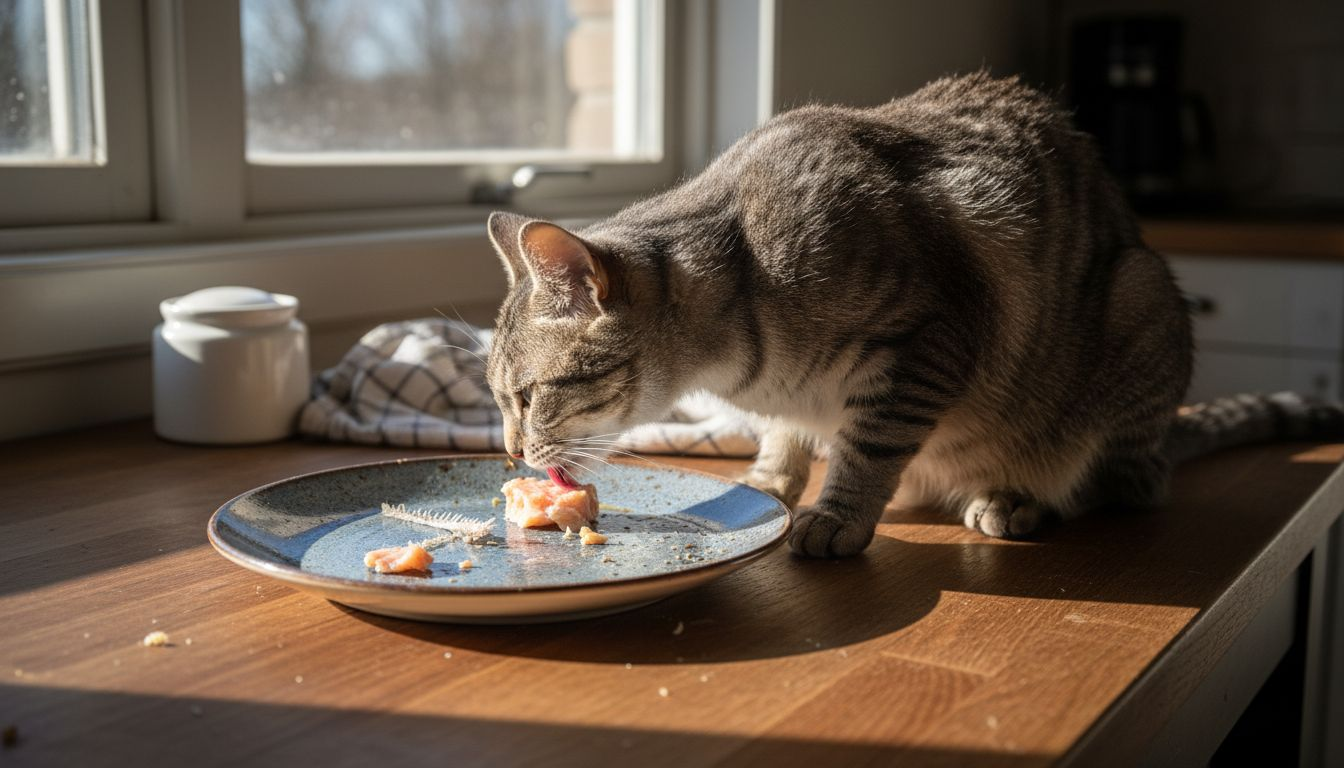 Katten har sneget sig op på køkkenbordet og er i fuld gang med at spise laks.