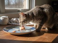 Katten har sneget sig op på køkkenbordet og er i fuld gang med at spise laks.