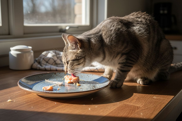 Katten har sneget sig op på køkkenbordet og er i fuld gang med at spise laks.