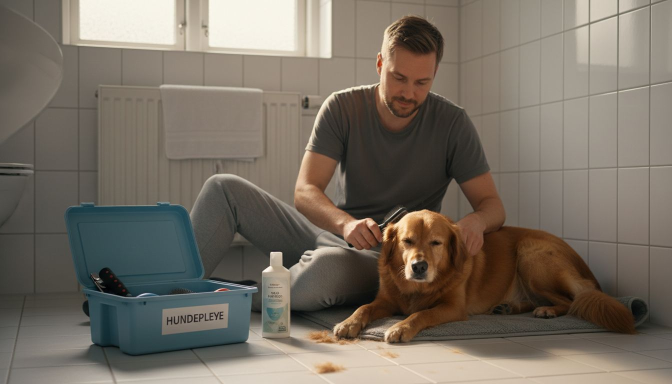En mand står og børster sin hund inde på badeværelset derhjemme.
