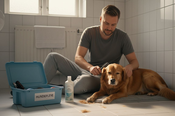 En mand står og børster sin hund inde på badeværelset derhjemme.