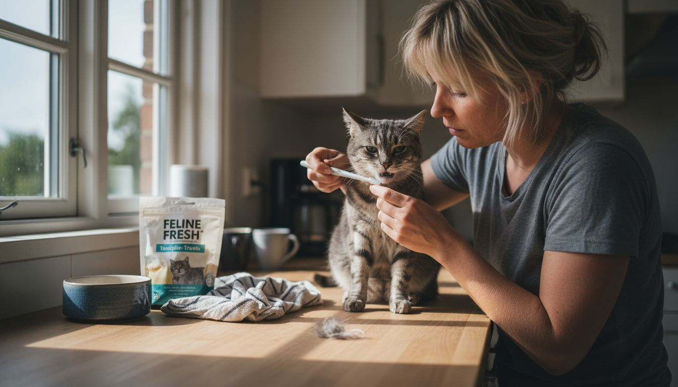 En kvinde giver sin kat tandpleje med produkter, der egentlig er beregnet til mennesker.
