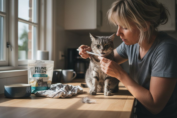 En kvinde giver sin kat tandpleje med produkter, der egentlig er beregnet til mennesker.