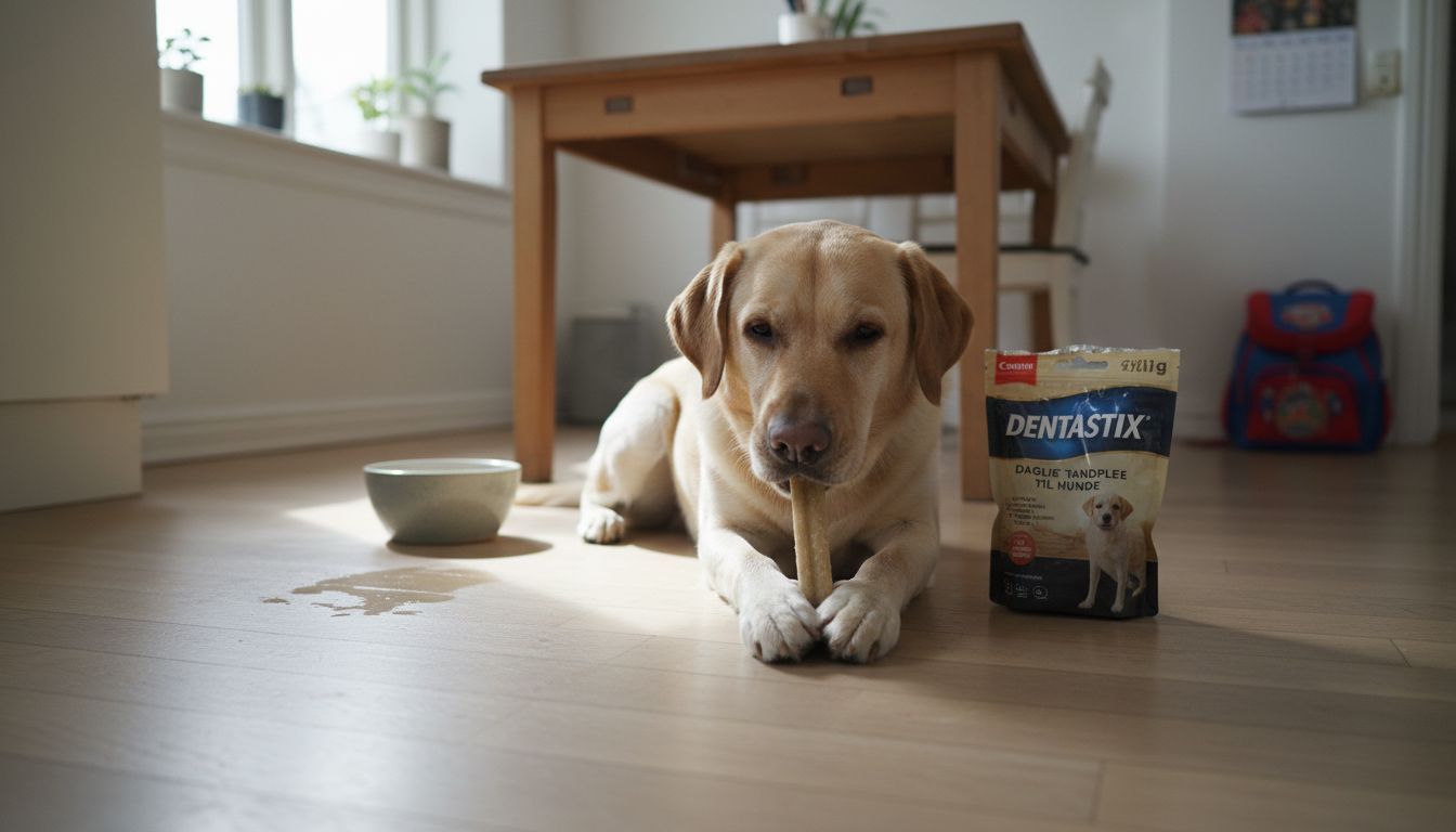 Vores hund ligger og gnasker på sin tandstang midt på køkkengulvet.