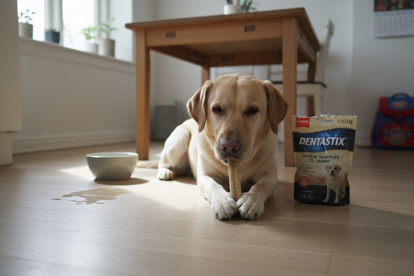 Vores hund ligger og gnasker på sin tandstang midt på køkkengulvet.