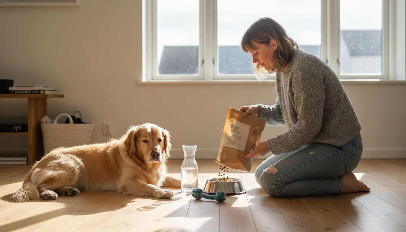 Hunden bliver forkælet med letfordøjeligt foder af sin ejer.