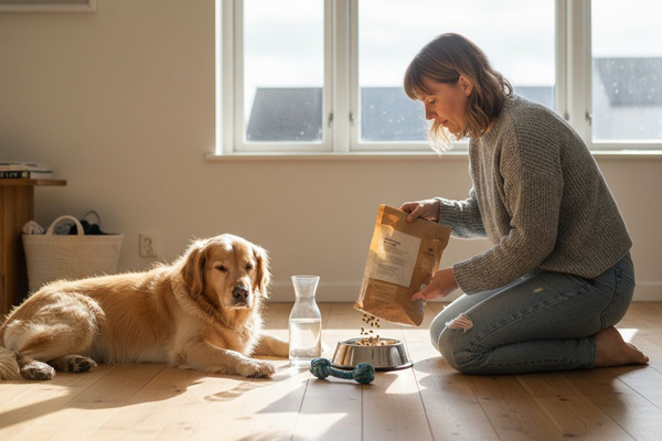 Hunden bliver forkælet med letfordøjeligt foder af sin ejer.