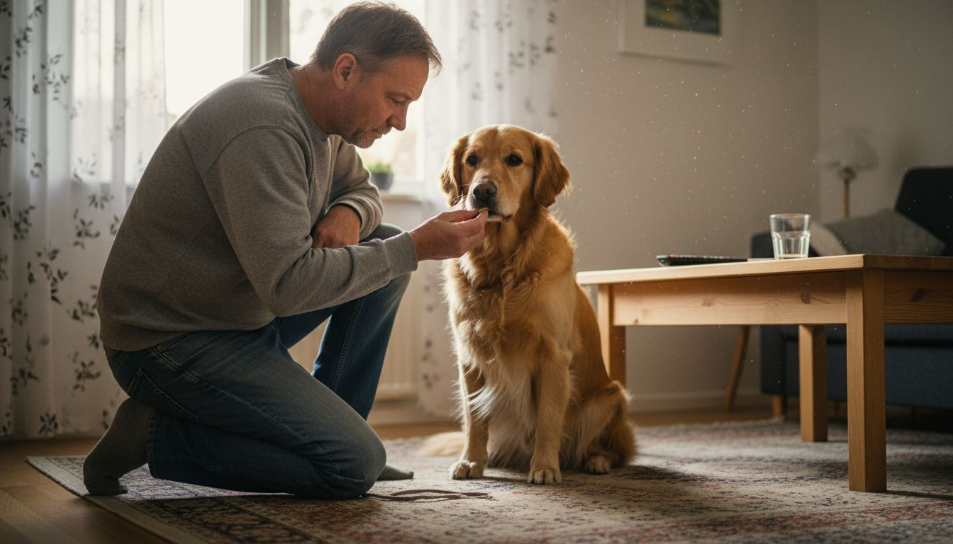 En mand øver sig på lydighedstræning med sin hund i den hyggelige stue.