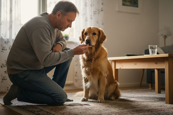 En mand øver sig på lydighedstræning med sin hund i den hyggelige stue.