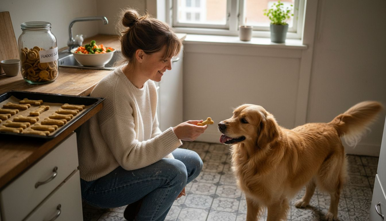 En kvinde står i sit køkken og forkæler sin hund med hjemmelavede godbidder.