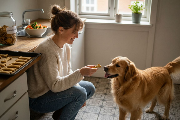 En kvinde står i sit køkken og forkæler sin hund med hjemmelavede godbidder.