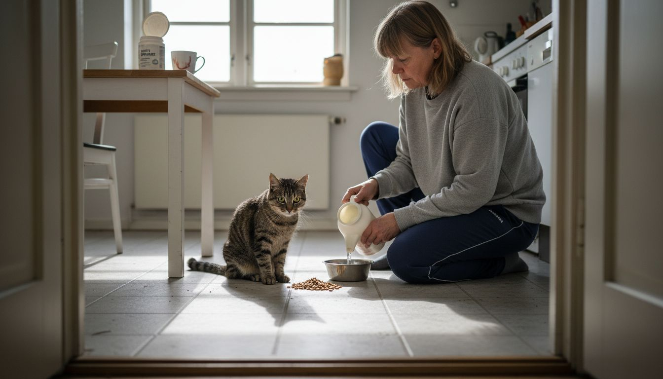 En kat og dens ejer hygger sig i køkkenet omgivet af vitaminer