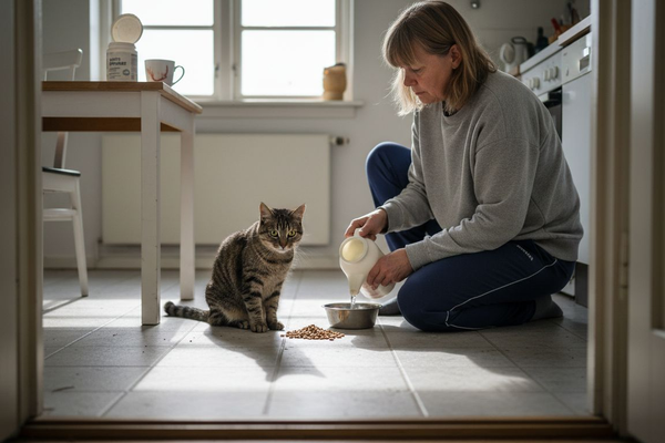 En kat og dens ejer hygger sig i køkkenet omgivet af vitaminer