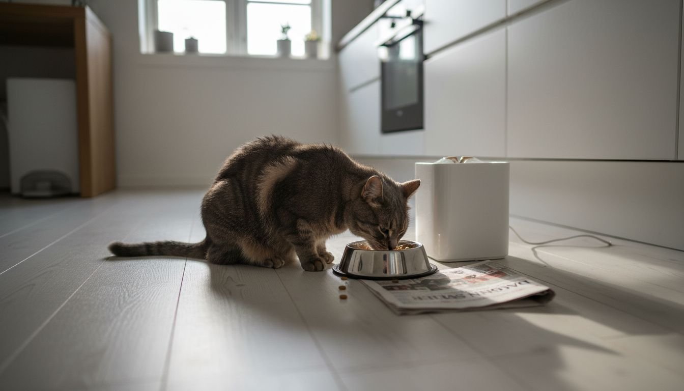 Katten nyder sit næringsrige foder fra skålen på gulvet.