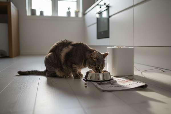 Katten nyder sit næringsrige foder fra skålen på gulvet.