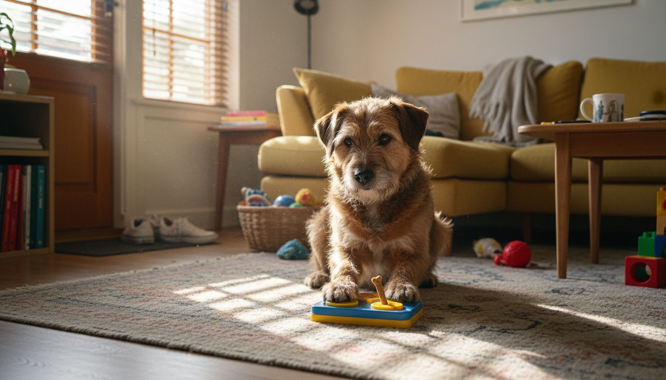 Hund hygger sig med et aktivitetslegetøj i en varm og indbydende stue