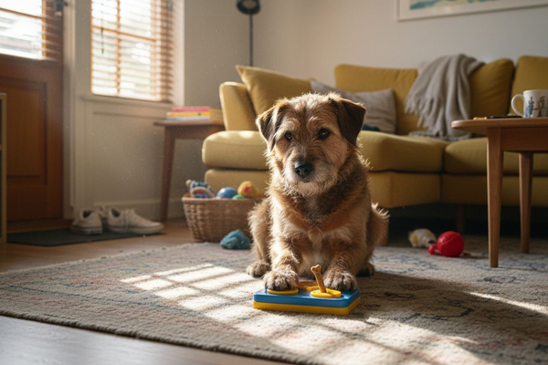 Hund hygger sig med et aktivitetslegetøj i en varm og indbydende stue