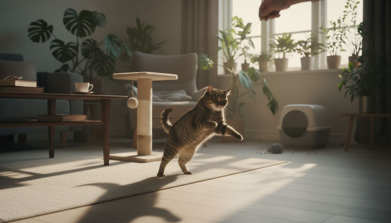 En kat tumler rundt og leger i den hyggelige stue.