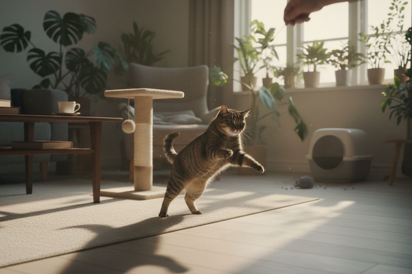 En kat tumler rundt og leger i den hyggelige stue.