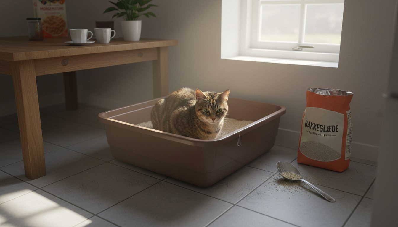 Katten bruger sit kattegrus, når den går på toilettet derhjemme.