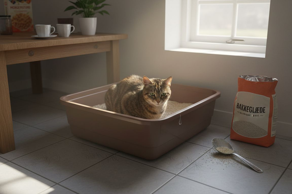 Katten bruger sit kattegrus, når den går på toilettet derhjemme.