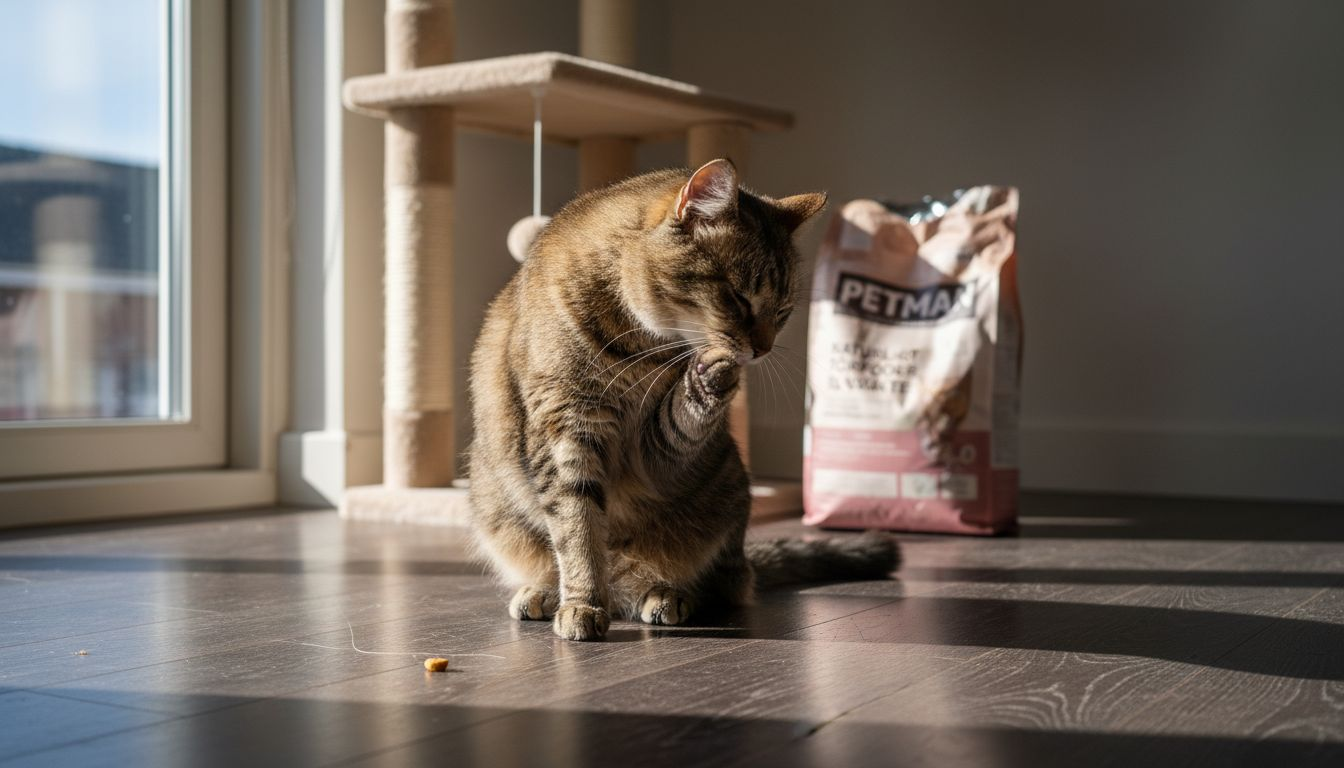 Katten giver sig til at soignere sin pels i et hyggeligt hjørne derhjemme.