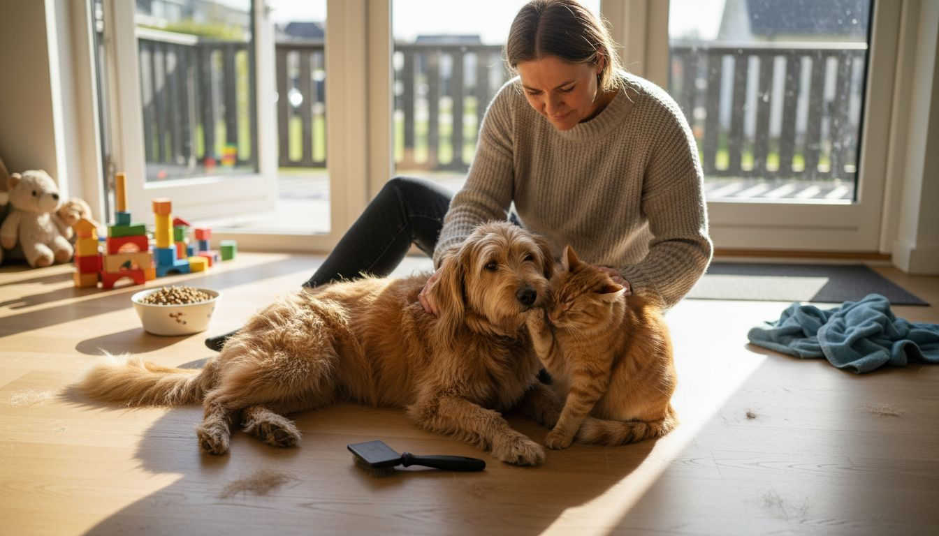 En kvinde tager sig kærligt af både hund og kat derhjemme.