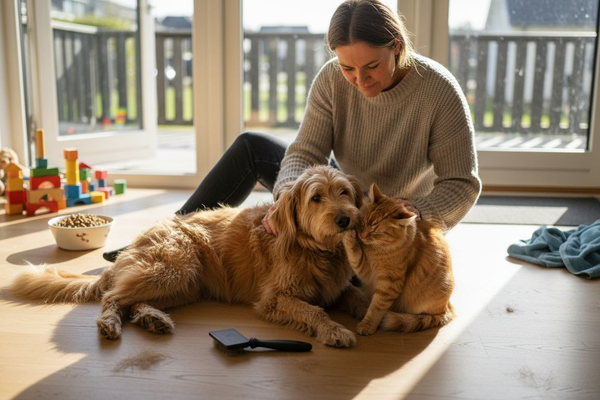 En kvinde tager sig kærligt af både hund og kat derhjemme.