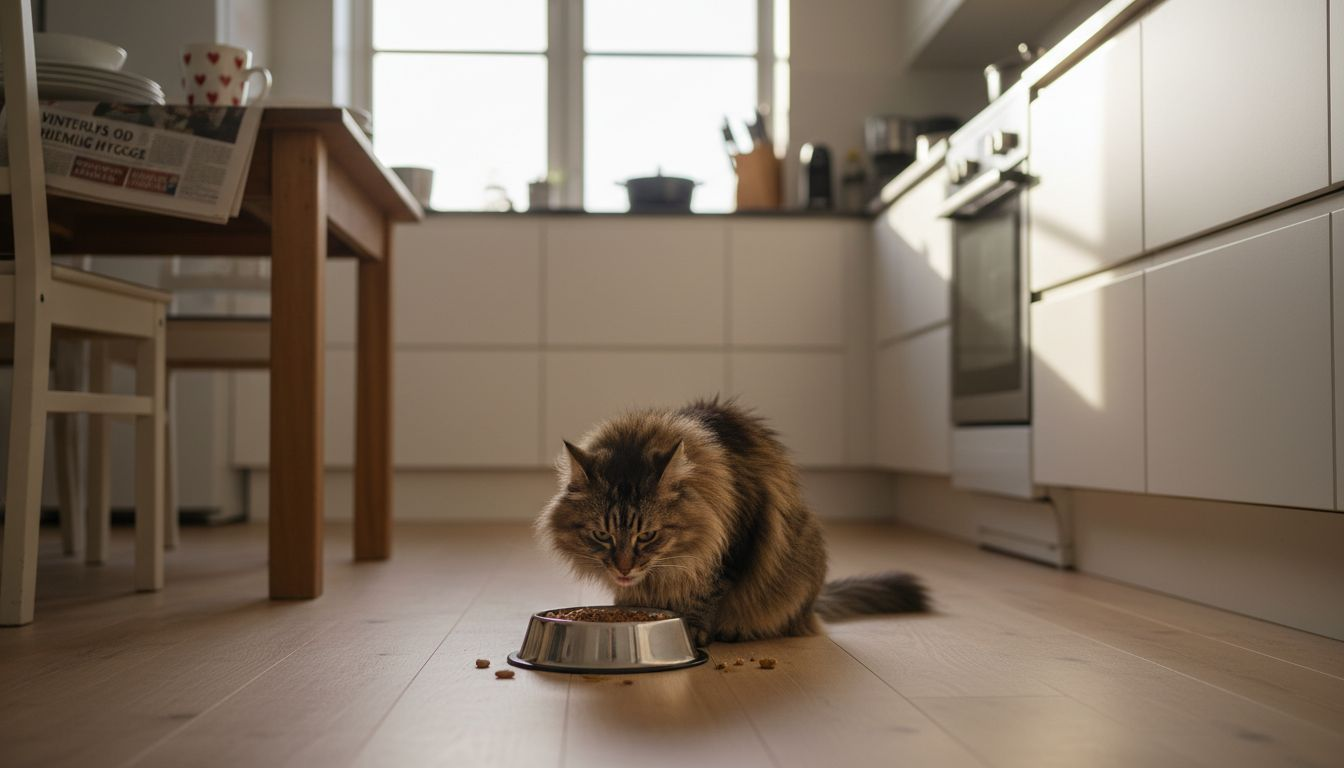 Katten nyder sin mad i det solfyldte køkken.