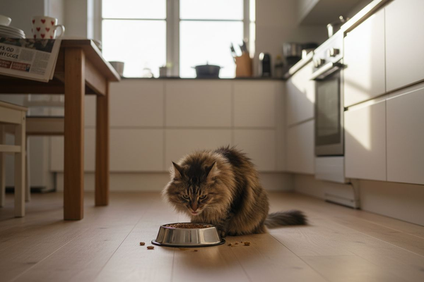 Katten nyder sin mad i det solfyldte køkken.