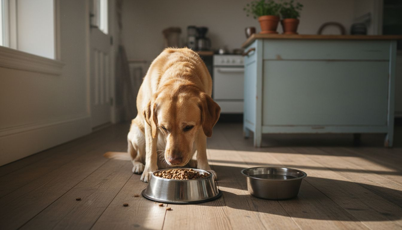 En hund ligger ved sin madskål og nyder solens stråler på gulvet.