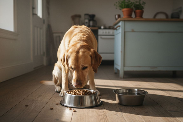 En hund ligger ved sin madskål og nyder solens stråler på gulvet.