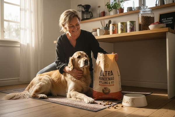 Hundeejer undersøger forskellige typer hundefoder og sammenligner, hvad der passer bedst til sin hund.