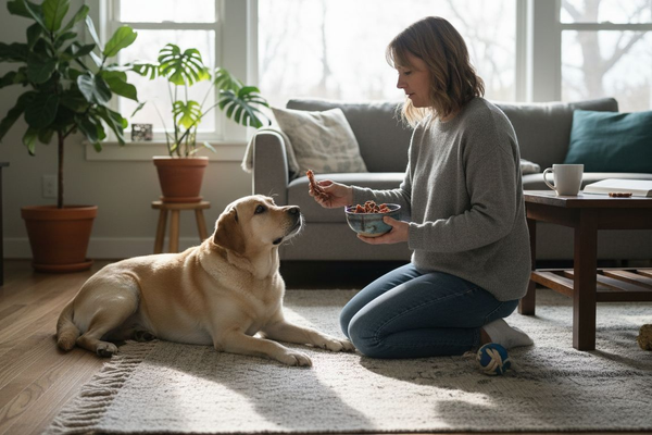 Hunden får en naturlig godbid inde i stuen
