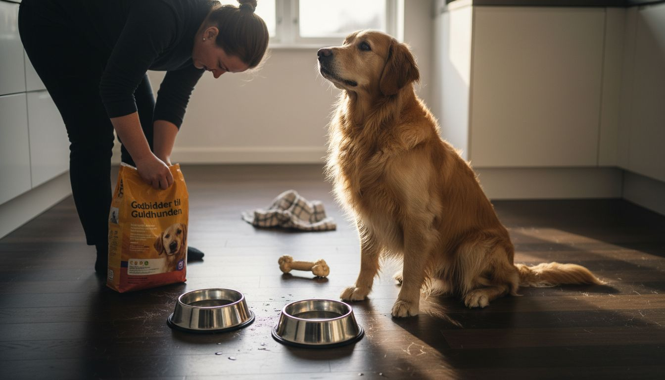 En gylden retriever med blank pels står midt i køkkenet.