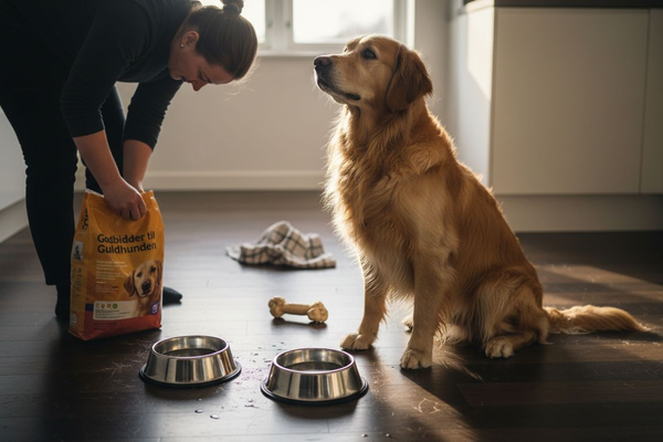 En gylden retriever med blank pels står midt i køkkenet.