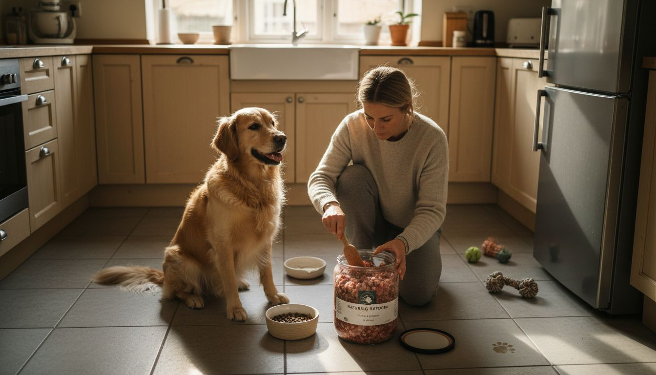 En dansk kvinde giver sin golden retriever mad lavet af naturlige råvarer.