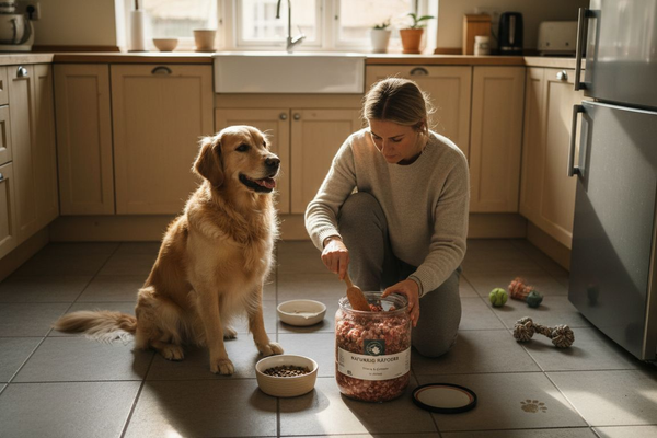 En dansk kvinde giver sin golden retriever mad lavet af naturlige råvarer.