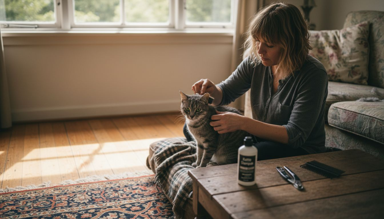 En kat bliver forkælet med forskellige plejeprodukter til pels og hud.