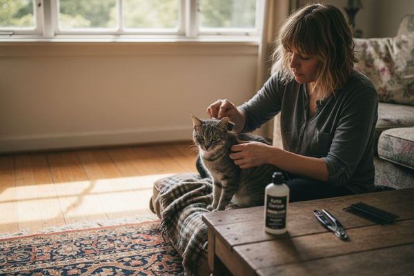 En kat bliver forkælet med forskellige plejeprodukter til pels og hud.