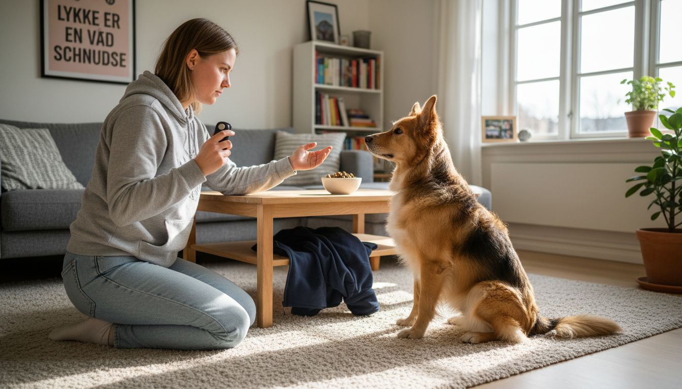 En kvinde øver lydighed med sin hund hjemme i stuen.