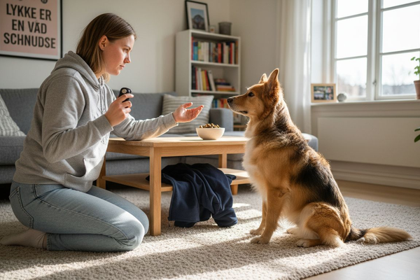 En kvinde øver lydighed med sin hund hjemme i stuen.